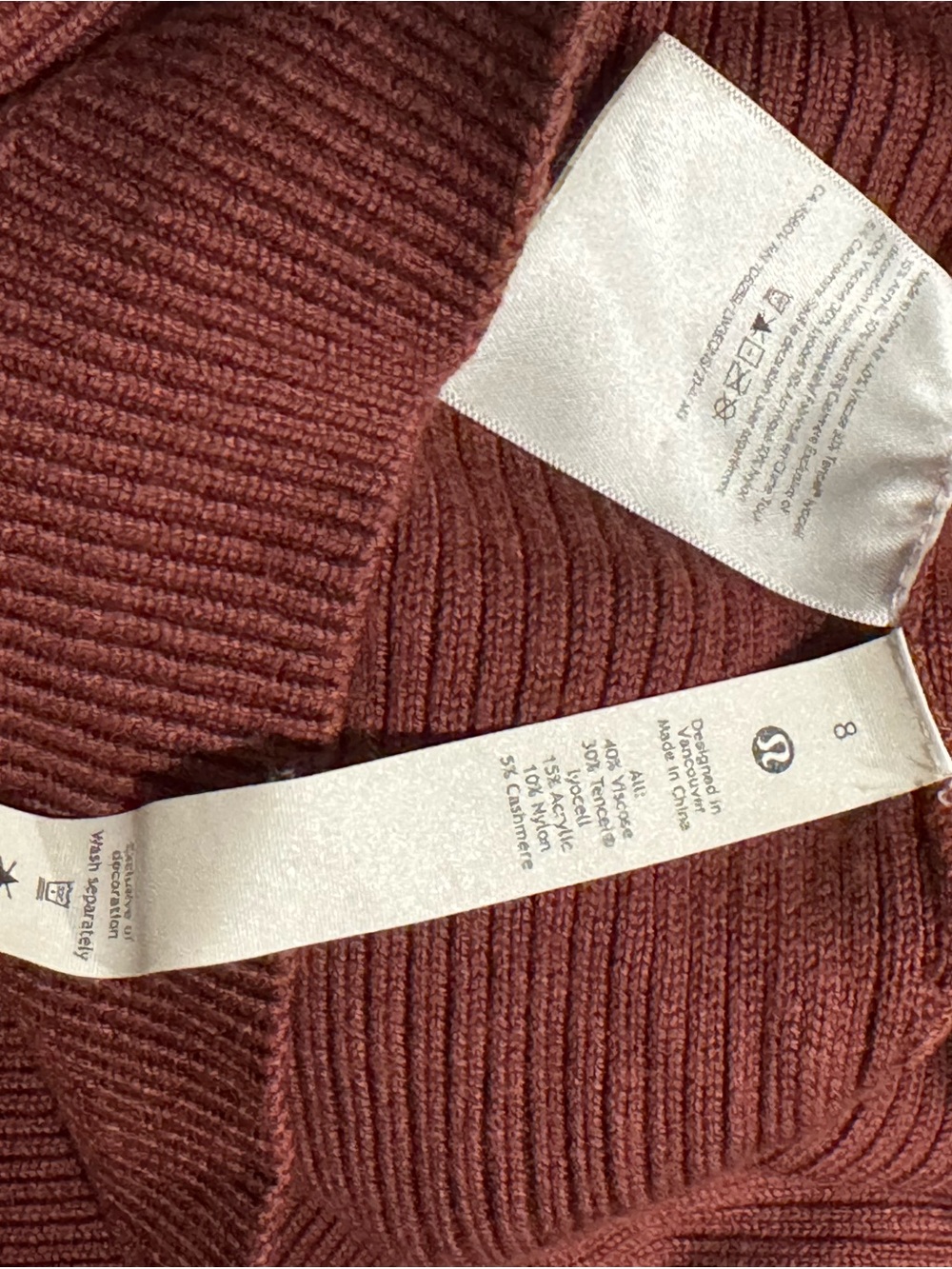 Lululemon Reversible Crossover Ribbed Sweater Smoky Red Size 8 Cashmere Blend - Picture 3 of 4